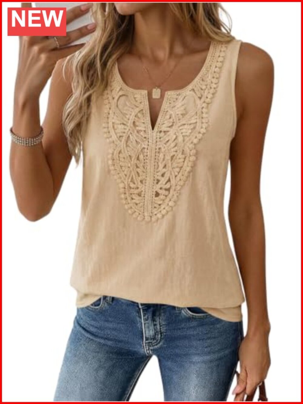 Cotton V Neck Lace Sleeveless Tank Top Loose Fit Boho